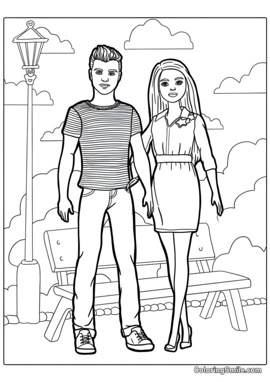 Barbie et Ken dans le parc - Page de Coloriage