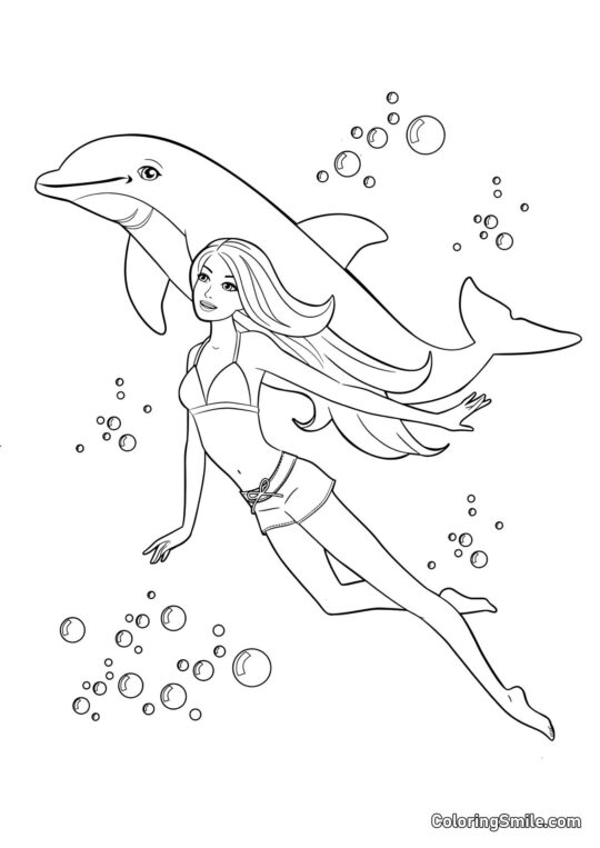 Barbie avec un dauphin - Page de Coloriage