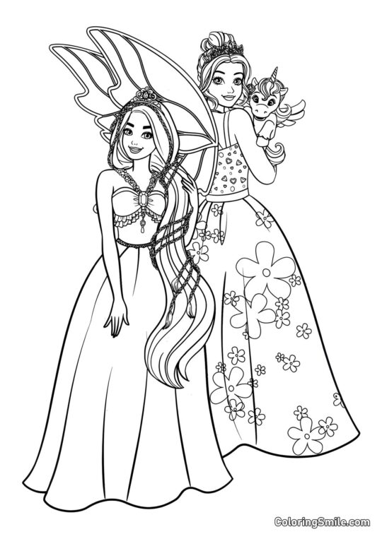 Barbie, fée Barbie et bébé licorne - Page de Coloriage