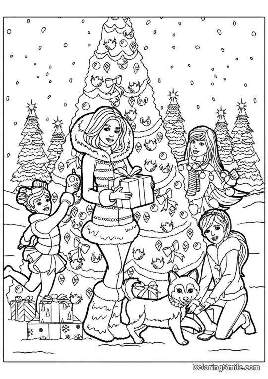Barbie près du sapin de Noël - Page de Coloriage