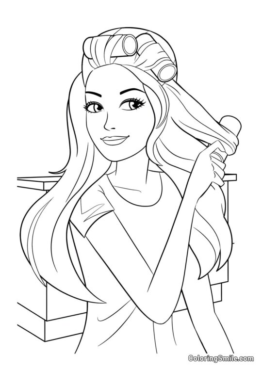 Barbie en train de boucler ses cheveux - Page de Coloriage