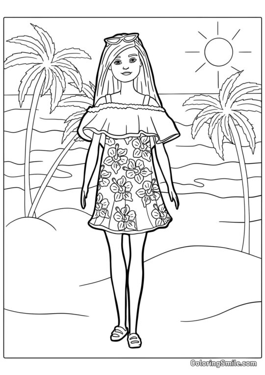 Barbie sur la plage avec des palmiers - Page de Coloriage