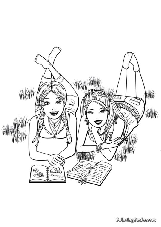 Barbie lisant des livres dans la nature - Page de Coloriage