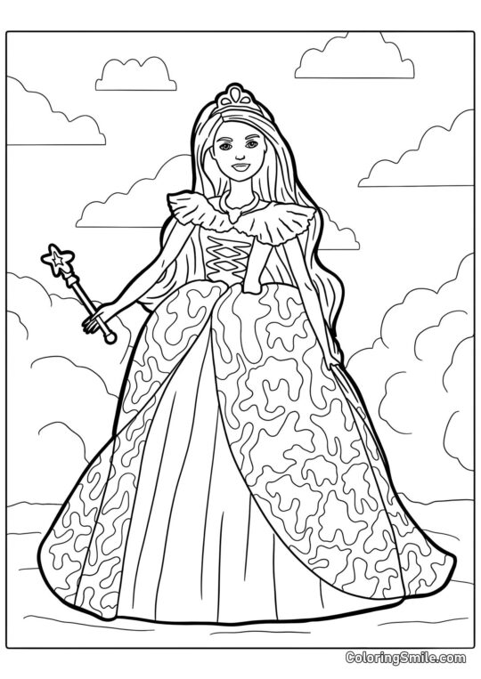 Barbie dans une robe luxueuse avec une baguette magique - Page de Coloriage
