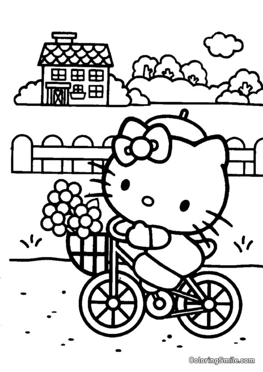 Kitty à vélo allant au magasin Kitty à vélo allant au magasin - Page de Coloriage