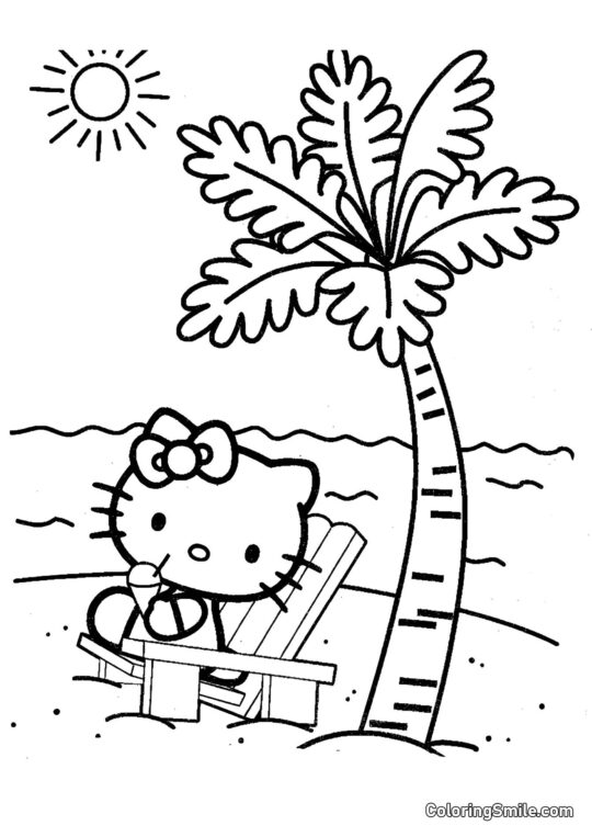 Kitty à côté d’un palmier Kitty à côté d’un palmier - Page de Coloriage