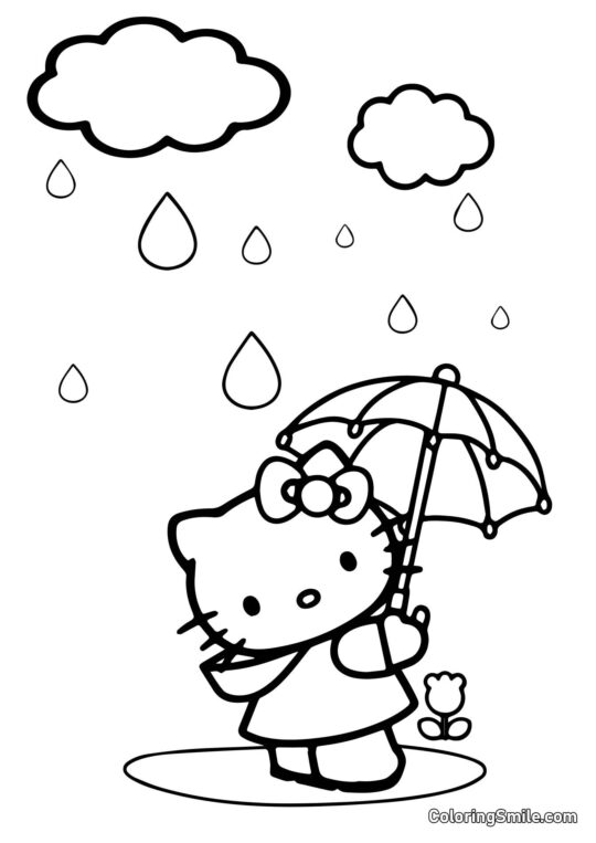 Hello Kitty sous un parapluie Hello Kitty sous un parapluie - Page de Coloriage