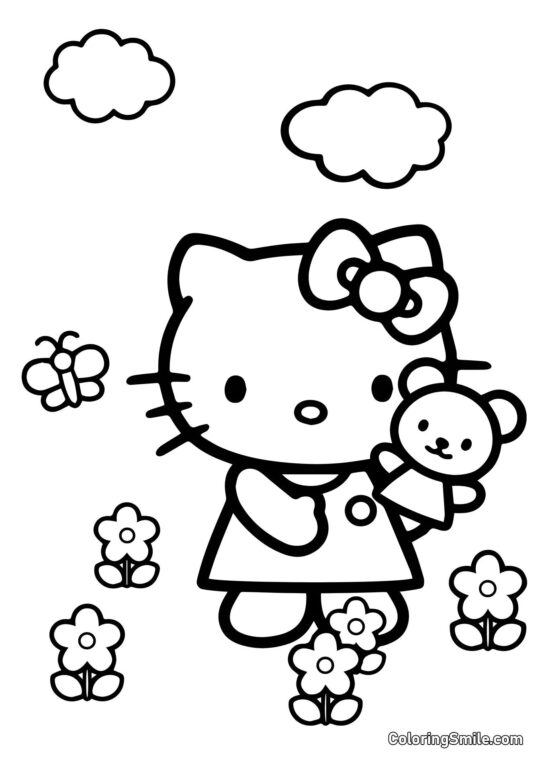 Hello Kitty avec un ours en peluche Hello Kitty avec un ours en peluche - Page de Coloriage