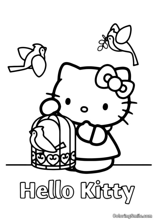 Hello Kitty avec des oiseaux Hello Kitty avec des oiseaux - Page de Coloriage