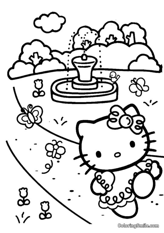 Kitty près de la fontaine Kitty près de la fontaine - Page de Coloriage