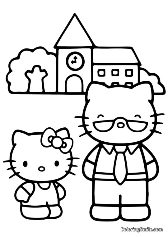 Kitty avec Papa près de la maison Kitty avec Papa près de la maison - Page de Coloriage