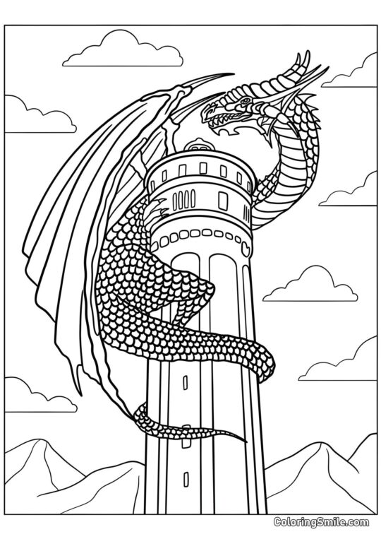 Dragon sur la tour - Page de Coloriage