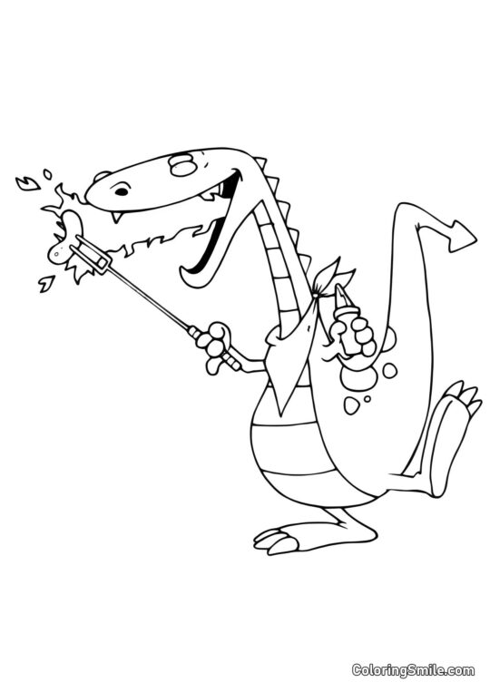 Dragon rôtissant une saucisse - Page de Coloriage