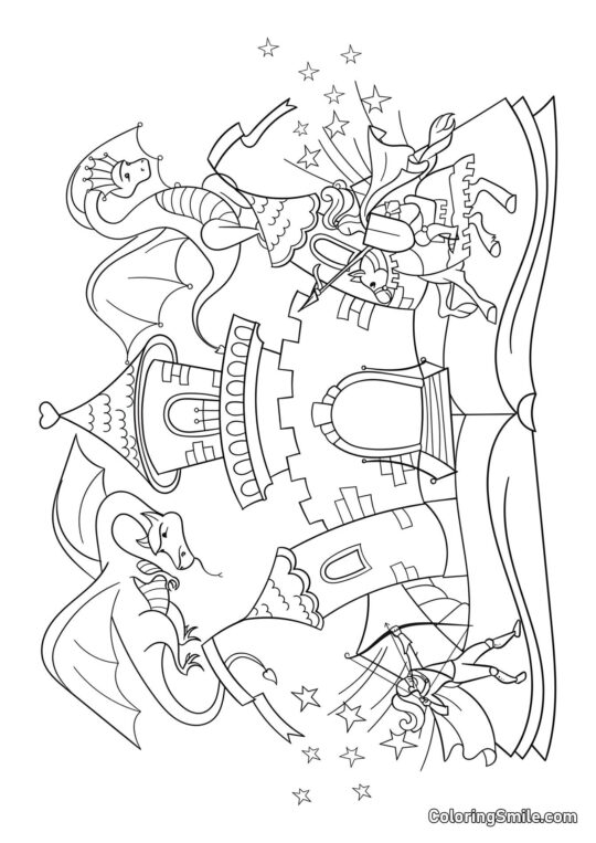 Conte de fées avec des dragons - Page de Coloriage
