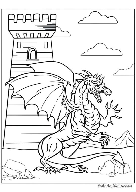 Dragon féroce gardant le château - Page de Coloriage