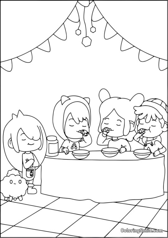 Enfants Toca Boca prenant le petit déjeuner - Page de Coloriage