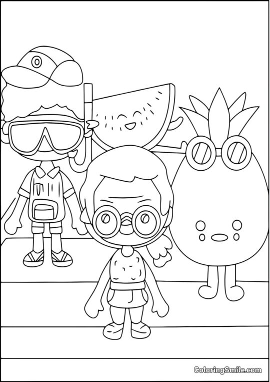 Garçons Toca Boca, ananas et pastèque - Page de Coloriage