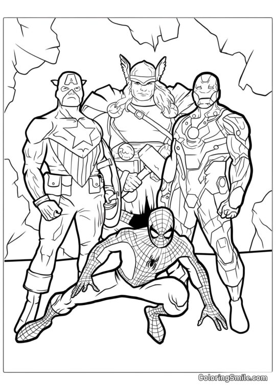 Spider-Man, Thor, Captain America et Iron Man - Page de Coloriage