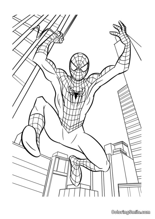 Spider-Man parmi les gratte-ciels - Page de Coloriage