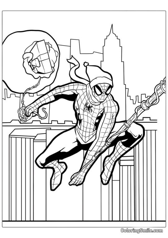 Spider-Man de Noël avec le sac du Père Noël - Page de Coloriage