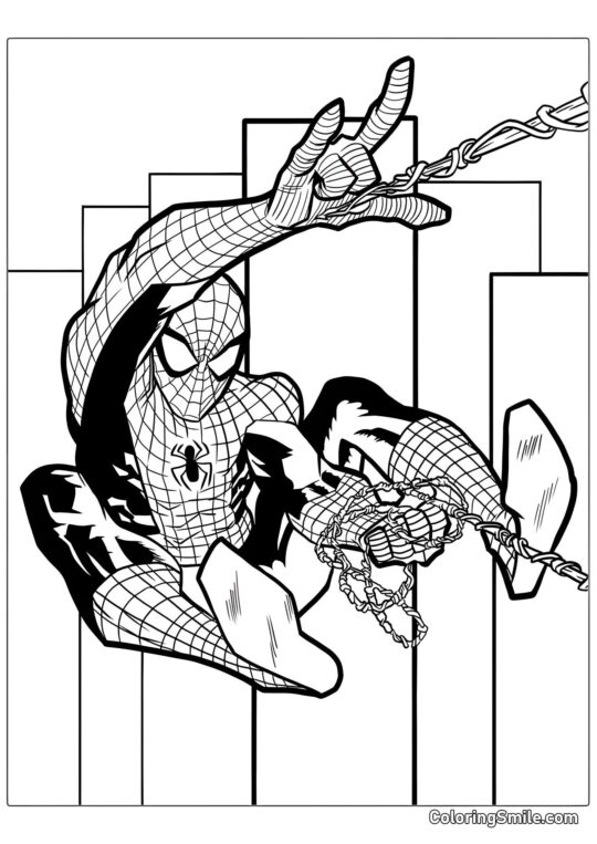 Spider-Man avec une toile dans la ville - Page de Coloriage
