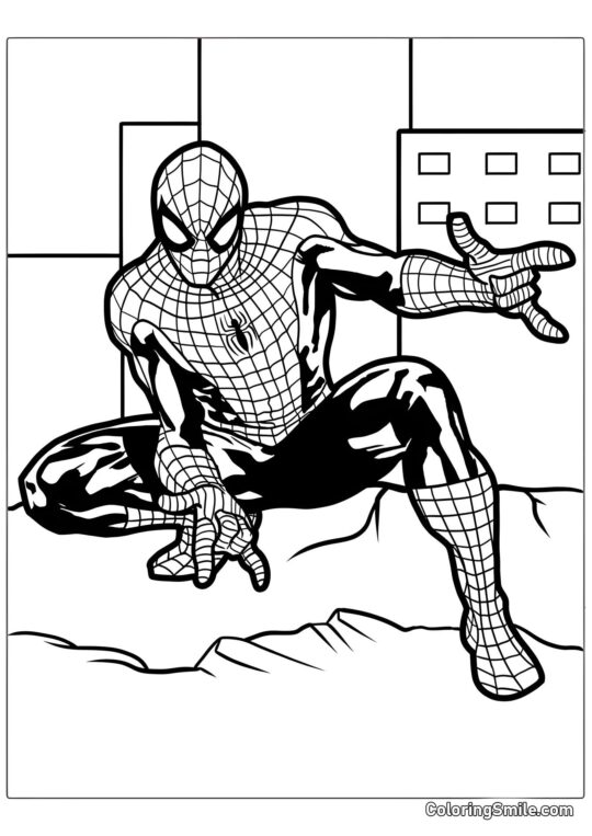 Spider-Man en pose de tireur de toile - Page de Coloriage