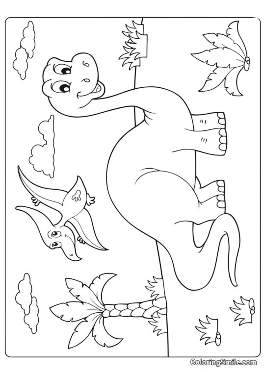Brontosaurus et Ptérodactyle de dessin animé - Page de Coloriage