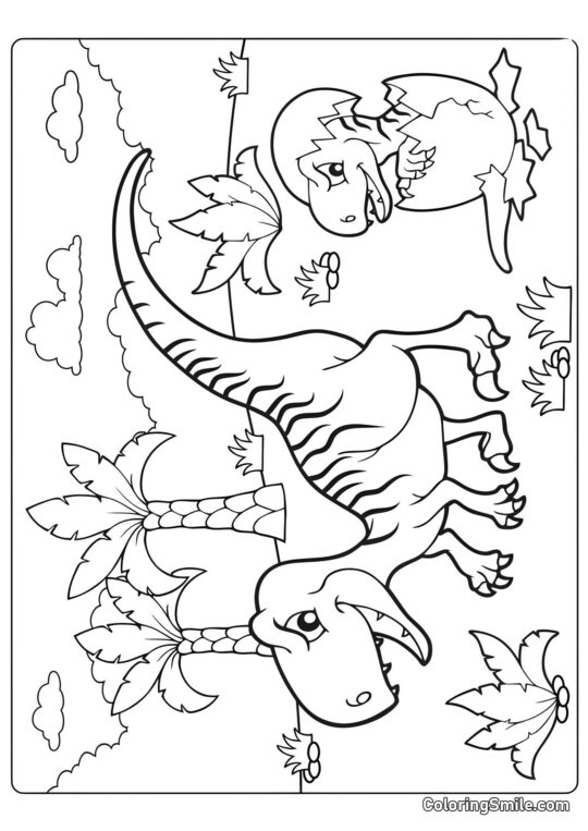 Dinosaure féroce de dessin animé et œuf en éclosion - Page de Coloriage