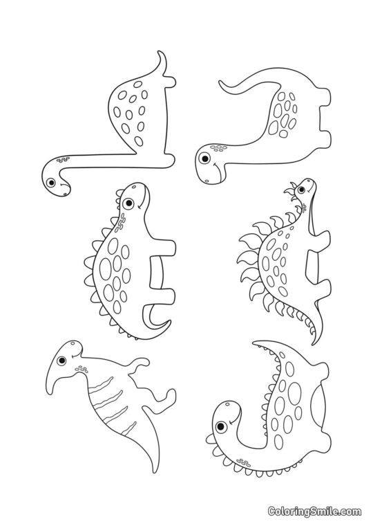 Six jolis dinosaures - Page de Coloriage