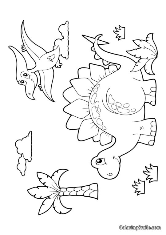 Dinosaure Stegosaurus et Ptérodactyle de dessin animé - Page de Coloriage