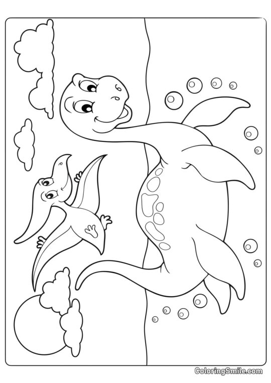 Dinosaure Plesiosaurus et Ptérodactyle de dessin animé - Page de Coloriage