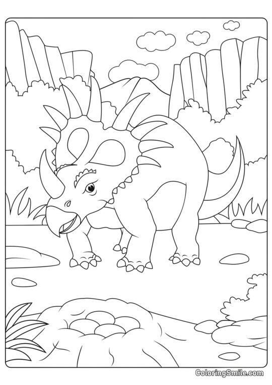 Styracosaurus près du nid avec des œufs - Page de Coloriage