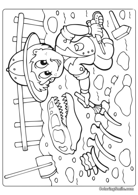 Paléontologue excavant des restes de dinosaure - Page de Coloriage