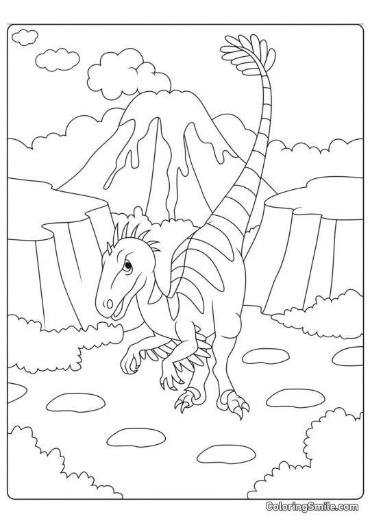 Vélociraptor à plumes près d&rsquo;un volcan - Page de Coloriage