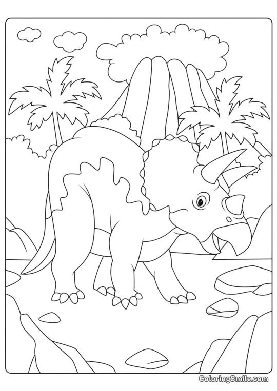 Tricératops à côté d&rsquo;un volcan - Page de Coloriage