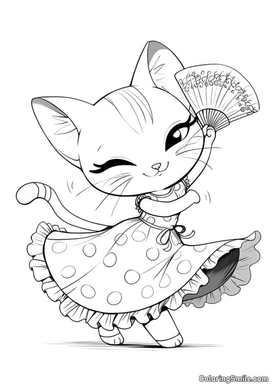 Chat Mignon avec Éventail - Page de Coloriage