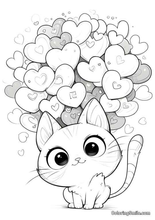 Chaton Mignon avec des Cœurs - Page de Coloriage