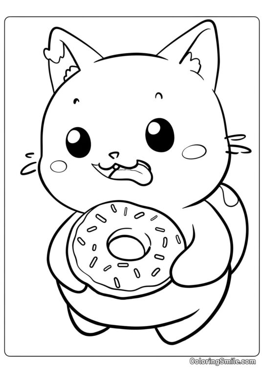 Chat Mignon Mangeant un Donut - Page de Coloriage