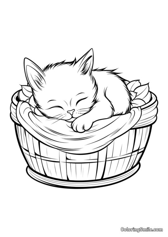 Chaton Mignon Dormant dans un Panier - Page de Coloriage