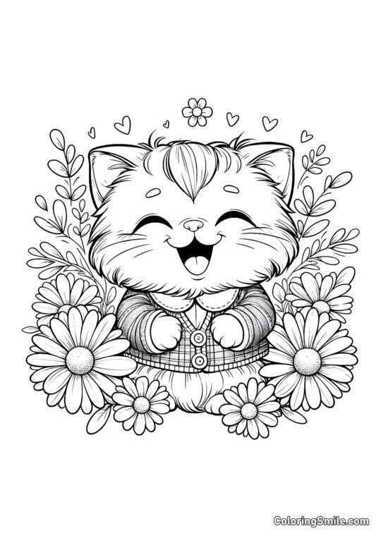Chaton Riant dans les Marguerites - Page de Coloriage