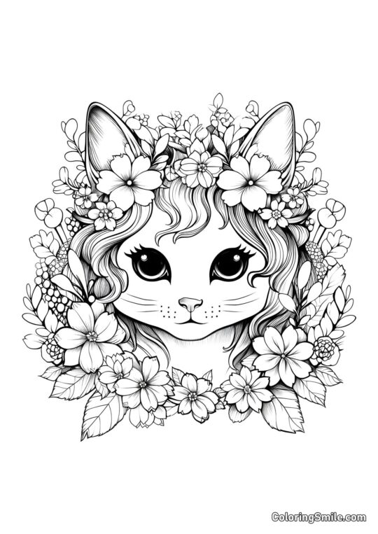 Chaton avec de Belles Fleurs - Page de Coloriage
