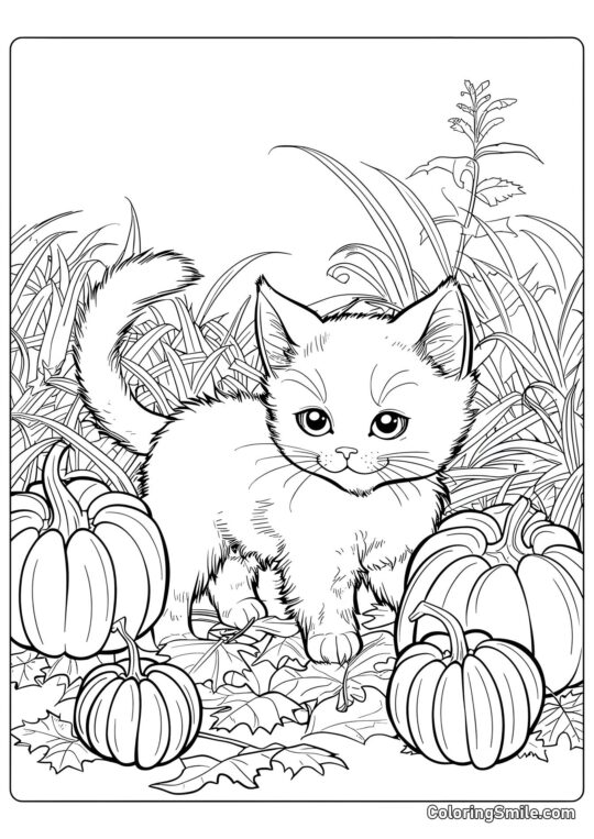 Chaton Mignon avec des Citrouilles - Page de Coloriage