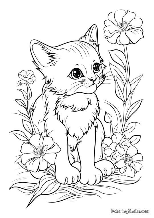 Chat Magnifique et Fleurs - Page de Coloriage