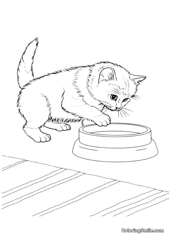 Chat Trempant la Patte dans le Bol - Page de Coloriage