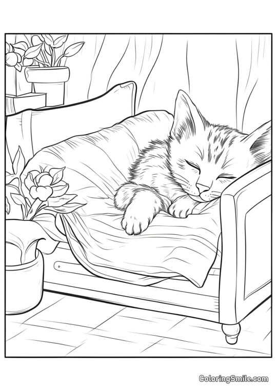 Chat dans un Berceau - Page de Coloriage