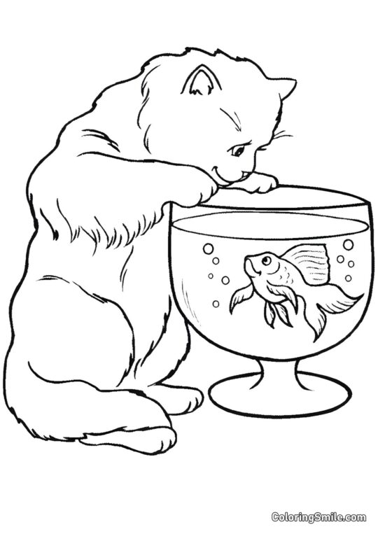 Chat et Poisson Rouge - Page de Coloriage