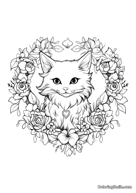 Chat avec Couronne de Fleurs - Page de Coloriage