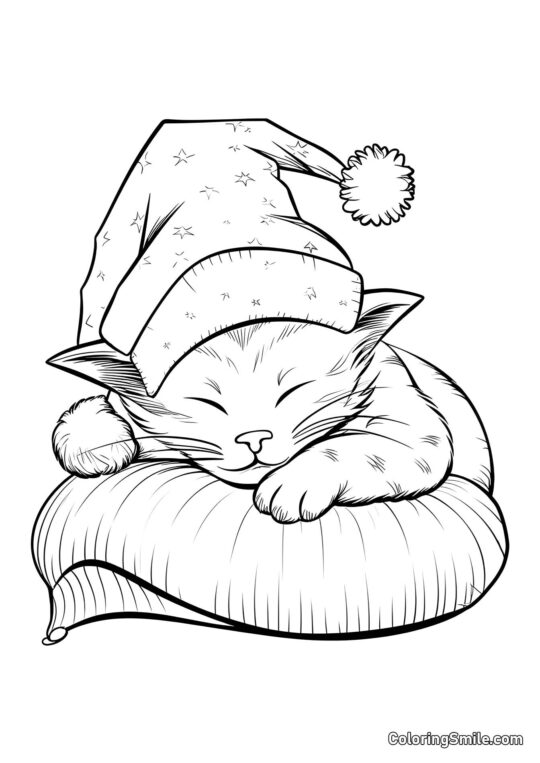 Chat Mignon Dormant dans un Chapeau - Page de Coloriage