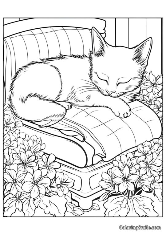 Chat Dormant dans une Chaise - Page de Coloriage