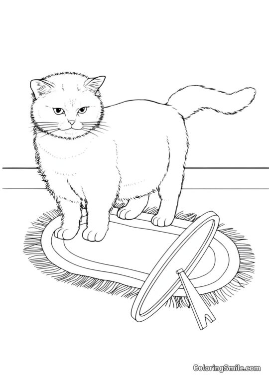 Chat Domestique Assis sur un Tapis - Page de Coloriage